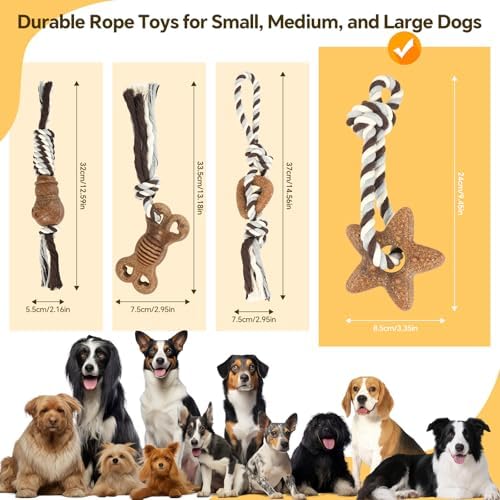 Dog Chew Toys for Aggressive Chewers – Puppies & Adults, Multiple Textures & Rope， ndestructible Tough Durable Interactive Dog Toys， Brown Stars