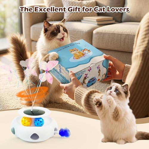 3-in-1 Interactive Cat Toy with Remote Control, Butterfly Wand & Automatic retractable feathers & Rolling Ball Track, Multi-functional Cat Toy for Indoor Cats, Suitable for Bored kitten, white