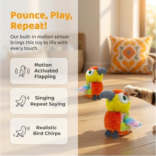 Flapping Parrot Cat Toys, Talk and Speak Birb Toy, Lifelike Bird Chirp