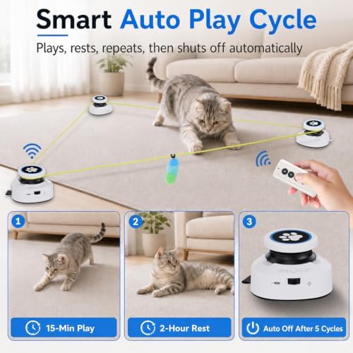 Automatic Cat Toy for Indoor Cats with Remote Control, Interactive Cat Chase Toy with Moving Feather Lure, DIY Floor Route Kit with Mouse Sound, Rechargeable Self-Play Toy