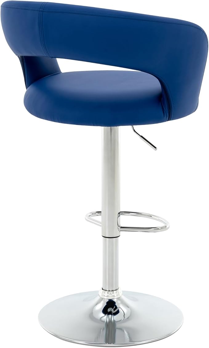 Brage Living Wide Bar Stool, Modern PU Leather Swivel Adjustable Barstool with Hollow Back and Arms, Upholstered Airlift Counter Height Bar Chair for Kitchen Dining (Blue, Chrome Base)