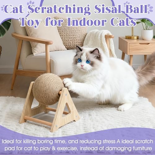 Outamateur Cat Scratcher Sisal Ball Toy, Sisal Scratching Ball with Stable Stand, Interactive Cat Exercise Toy, Interactive Play Toys for Kittens, Cats, Small Pets