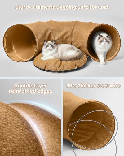 Linen Cat Tunnels with Central Cat Bed, Interactive Cat Toys Detachable Washable Soft Mat Large Indoor Play Tunnel Cave for Kittens and Small Animals