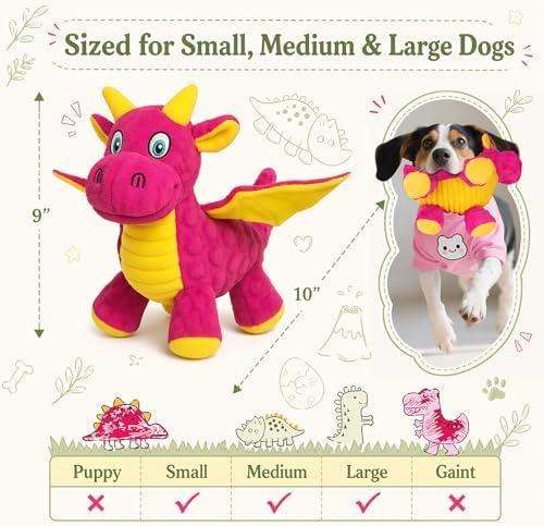 Squeaky Dog Toy - Plush Dragon with 5 Squeakers and Crinkle Wings