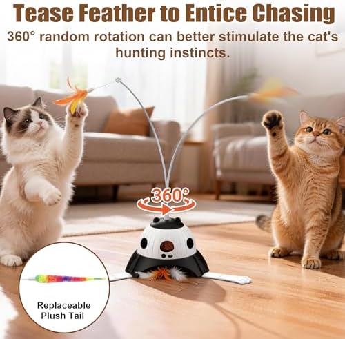 Casfuy 3-in-1 Interactive Whack-a-Mole & Rotating Feather Wand Cat Chasers Toy with Plush Tail, Black