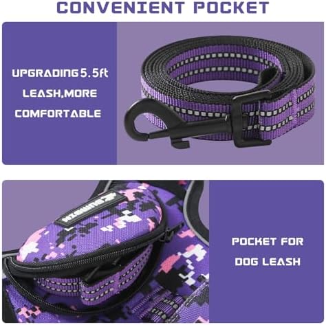 No Pull Dog Harness for Small Dogs, Adjustable No Choke Pet Vest with Dog Leash Fit Smart Reflective Pet Walking Harness for Training Easy Control Soft Handle Purple Camo S
