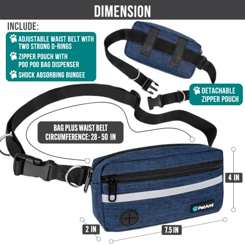 PetAmi Hands Free Dog Leash Waist Belt Bag Fanny Pack, Single, Heather Navy