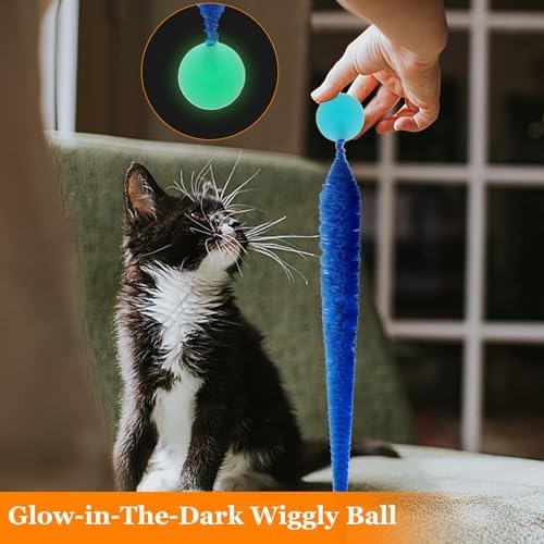 Mixed Bouncy Ball with Tail Cat Toys,5 Packs Rainbow Magic Worm with Ball Toy for Cats,Colorful Fuzzy Worm Bouncy Balls Cat Toy
