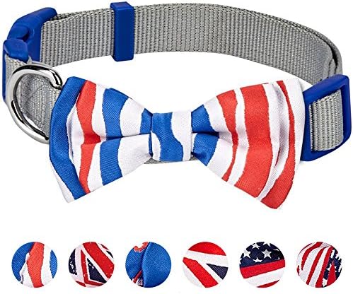 Blueberry Pet 2 Patterns Patriotic Spirits France Flag Adjustable Bowtie Grey Dog Collar - Handmade Bow Tie w/Jacquard Weave Fabric, Small, Neck 12"-16"