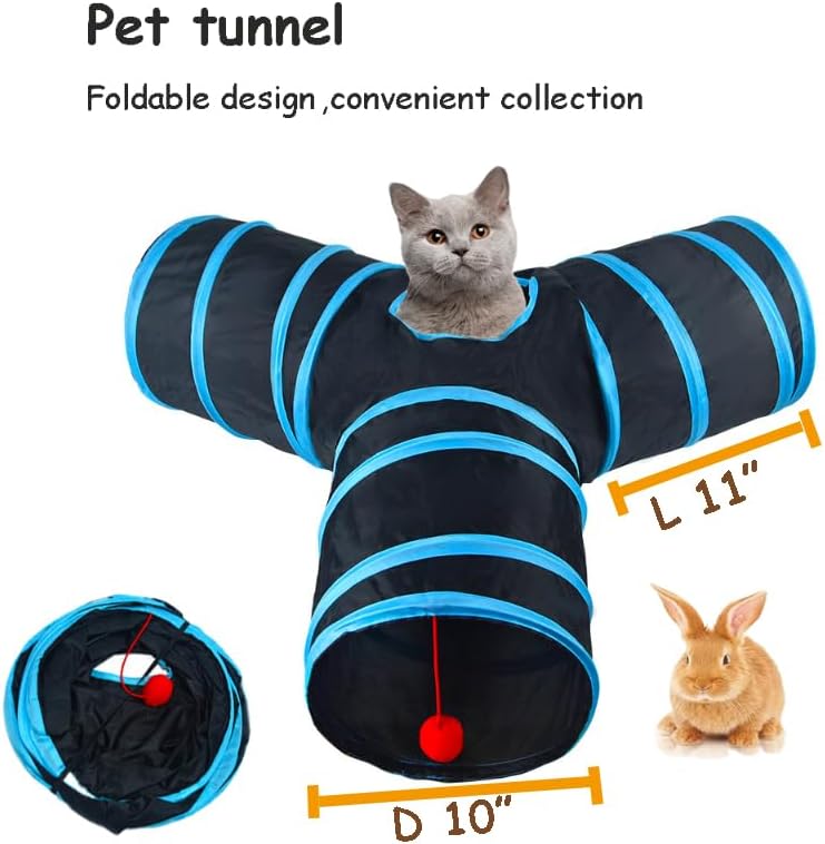 3-Way Collapsible Cat Tunnel Tube Toy Black Blue