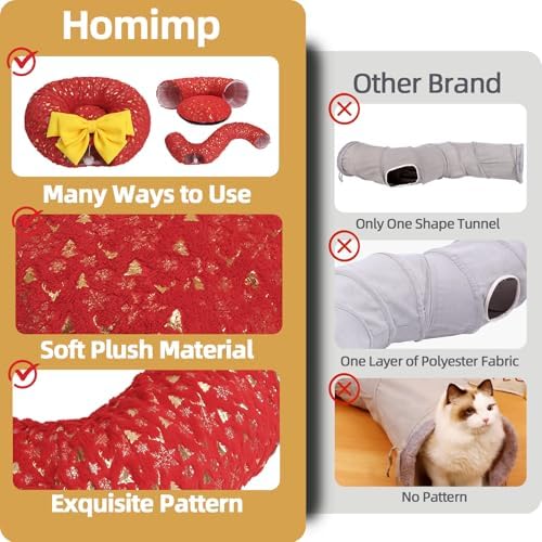 Homimp Christmas Cat Tunnel for Indoor with Bowtie, Cat Christmas Tree Large Tube Playground with Washable Circle Cushion and Plush Ball Toy, Round Pet Peekaboo Cave Toy for Kitten/Puppy/Rabbit,Red