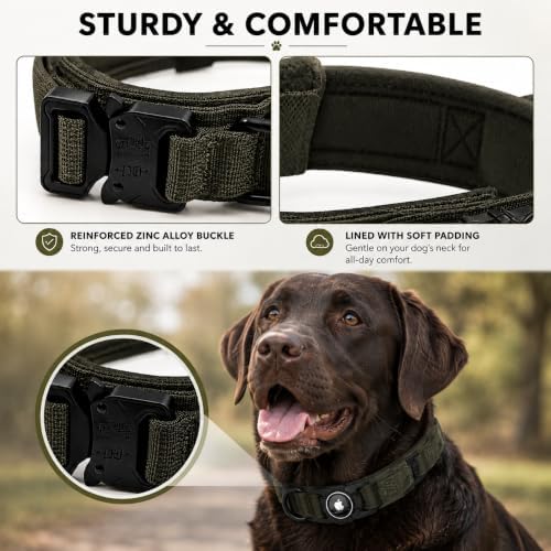 Heavy Duty Tactical Dog Collar with Tracker Pocket,Adjustable GPS Tracking Collar for Small, Medium & Large Dogs, Compatible with Compact Smart Trackers,Control Handle for Added Security (Black, M)