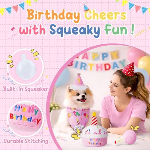 KIPRITII Dog Birthday Supplies with Cake Toys, Bandana & Hat for Small Dog