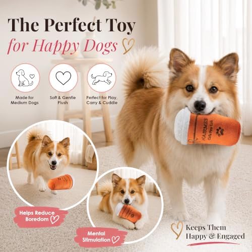 Dog Diggin Designs Hairmes Café Paw Lait Plush Dog Toy – Coffee Cup Squeaky Parody Dog Toy, Soft Fashion Inspired Interactive Pet Toy for Small to Medium Dogs