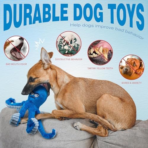 Large Dog Toys, Squeaky Dog Toy, Stuffed Crinkle Blue Octopus Toys 2 Pack | Tough Soft Fabric, Interactive Tug of War Puppy Chew Toys for Teething, Birthday Gift for Pet, Training Reward