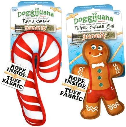 Doggijuana Candy Cane & Gingerbread Dog Toy Bundle | Holiday 2 Pack, Squeak