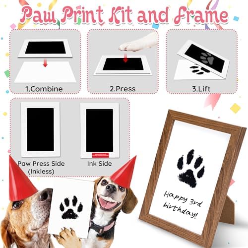 LECHONG 7Pcs Dog Birthday Toys Gifts, No-Mess Paw Print Keepsake Kit with Squeaky Dog Cake Toy, Plush Crinkle Toy, Pet-Safe Ink Pad & Photo Frame for Small Medium Dogs