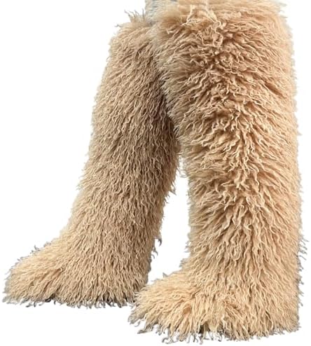 SWEETHEART BEAUTY Thigh High Shagy Teddy Fur Boots, 29 Inch Over the Knee Length Fluffy High Boots, Tall Furry Shoes For Women