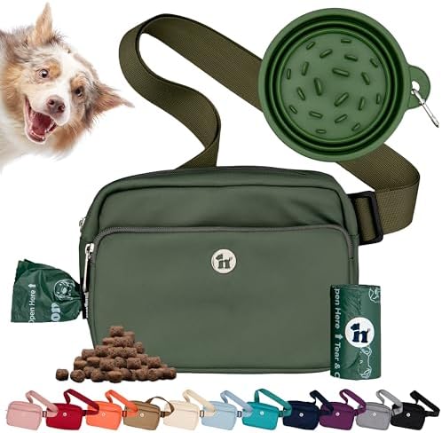 Puppington 3-in-1 Crossbody Bag & Dog Treat Pouch for Pet Training - Matching Compostable Poop Bags, Built-In Poop Bag Dispenser & Slow-Feeding Travel Dog Bowl - Dog Walking Bag (Basil Green)
