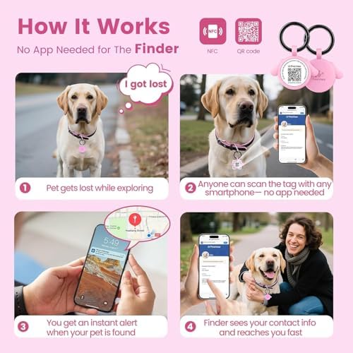 QR Code Pet ID Tags with NFC - Silent Silicone Dog Name Tags Personalized, Scan for Instant Location Alerts & Digital Pet Profile, Waterproof & Battery-Free Dog Tag for Cats & Dogs (Pink)