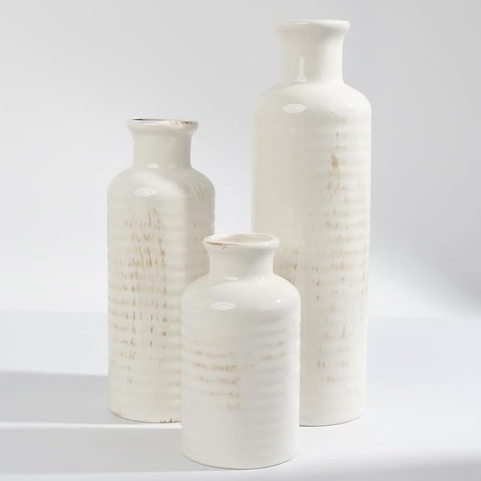 White Ribbed Ceramic Vase Set of 3, Clay Bottle Vases for Home Decor | Crackle glaze finish for rustic farmhouse tables, shelves, mantels and centerpieces