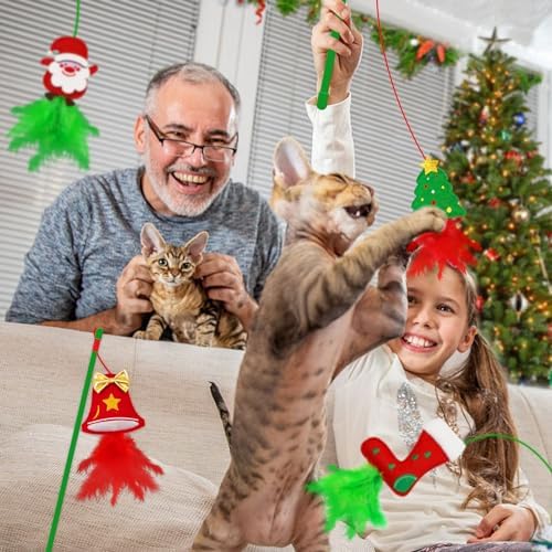 Christmas Cat Toys，4 Pack Cat Wand Toys for Indoor Cats Gifts with Catnip and Feathers, Wand for Cats and Kitten