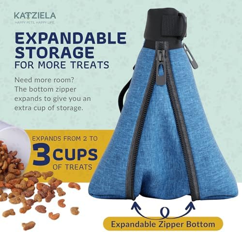 Katziela Expandable Pet Treat Pouch - Hands Free Dog Treat Pouch, Quick Access Magnet Closure - Anti Spill Dog Treat Bag - Treat Pouches for Pet Training, Adjustable Shoulder Strap & Belt Clip (Blue)
