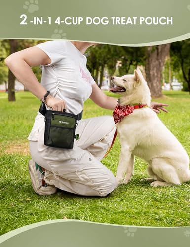 Gobeigo 4 Cup Dog Treat Pouch with Silicone Insert Bag& Clicker(Army Green)