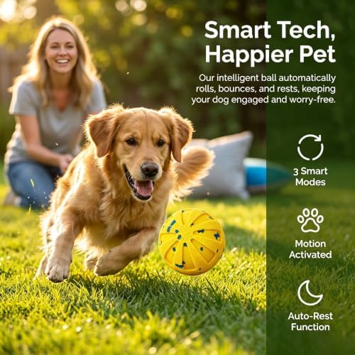 Smart Interactive Dog Toy Wicked Ball Automatic Moving Bouncing Rotating Active Rolling Ball 3 Modes Chew Resistant E-TPU Dog Ball IPX7 Waterproof Electric Puppy Toy for Small Medium Large Dogs Yellow