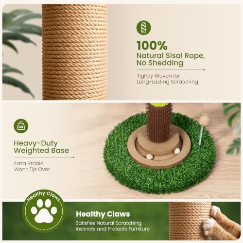 37'' Tall Cat Scratching Post, Sturdy Cat Tree Tower with Plush Perch, Hanging Toy & Interactive Wooden Ball, Durable Sisal Scratcher for Indoor Cats and Kittens