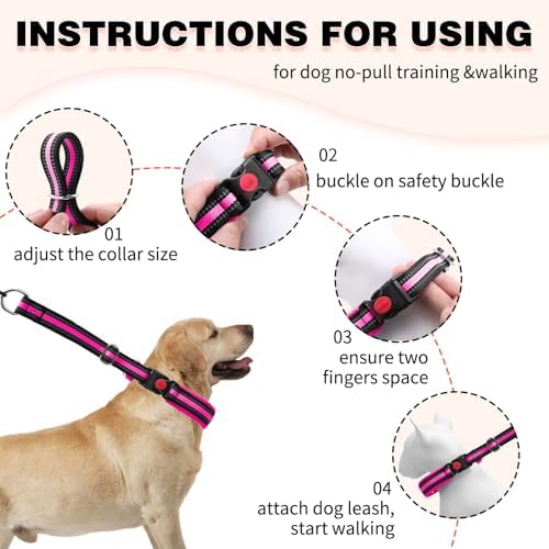 Martingale No Pull Dog Collar for Large Medium Small Dogs, Heavy Duty Nylon Adjustable Reflective Anti Pull Slip Collar with Buckle for Training Walking Hunting L Hot Pink
