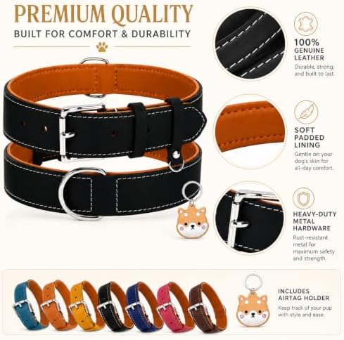 Genuine Leather Dog Collar, Soft Padded Leather Dog Collars with Airtag Holder Case for Small Medium Large X-Large Dogs,Comfort Heavy Duty Pet Collar with Durable Metal Buckle & D-Ring-Black/XL