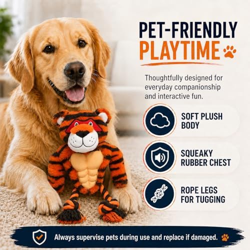 Tiger Rope & Plush Dog Toy with Squeaker, Interactive Tug Toy for Medium to Large Dogs, Multi-Texture Toy for Tug, Toss & Supervised Play