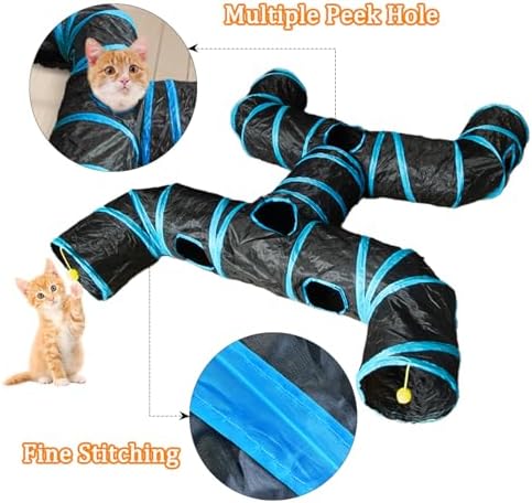 4-Way Large Cat Tunnel, H Shape Cat Tube Toy with Interactive Playing Balls, Peek Hole for Indoor Cats, Kitten, Kitty, Puppy, Rabbit (Black)