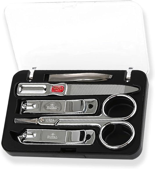[Made in Korea] ROYAL 5 Pcs Compact Nail Clippers Set-Nail Clipper, Cuticle Remover, Nail File, Mini tweezer, Safety Scissors with Portable case Black
