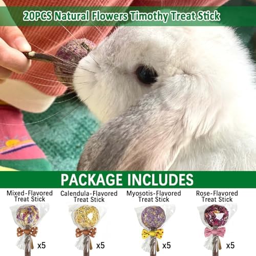 kathson 20PCS Rabbit Timothy Hay Treats Sticks,Interactive Bunny Lollipop Chew Sticks,Natural Guinea Pigs Chewing Treats Molar Teeth Toys for Small Animals,Chinchilla,Hamster,Gerbil