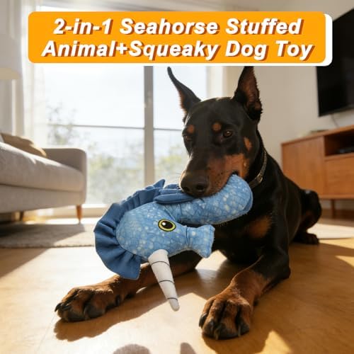 11.42" Recycled Canvas Seahorse Squeaky Dog Toy, Durable Stuffed Chew Toy for Puppy Teething, Interactive Play for Small Medium Large Dogs