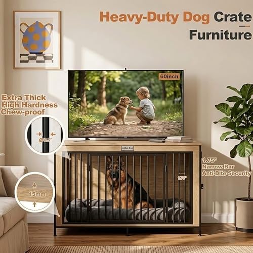 48" XL Dog Crate Furniture for Large Dogs,Farmhouse Light Oak Wood Dog Kennel, Heavy DutyAnti-Chew Steel Frame, Escape Proof Pet Crate, 3Door Indoor Dog House, TV Stand EntertainmentCenter 350LB