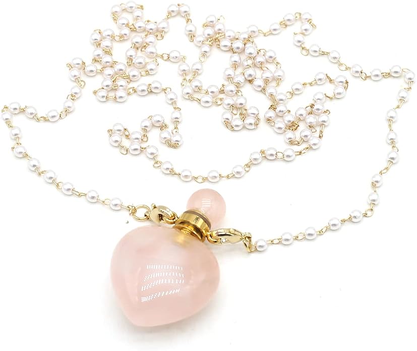 1pcs Natural Rose Quartz Stone Perfume Bottle Pendant Pearl Bead Chain Rectangle Heart Necklace for Women Jewelry Free Accessory Glasses