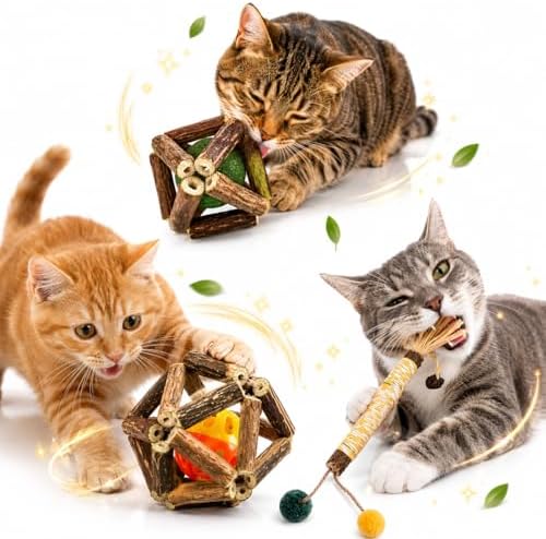 3 Pack Cat Toy Set, Catnip Vine Ball, Bell Vine Ball and Raffia Chew Stick, Natural Interactive Cat Chew Toys for Indoor Cats, Kitten Teething, Licking, Batting, Chasing, Pouncing, Boredom Relief Fun