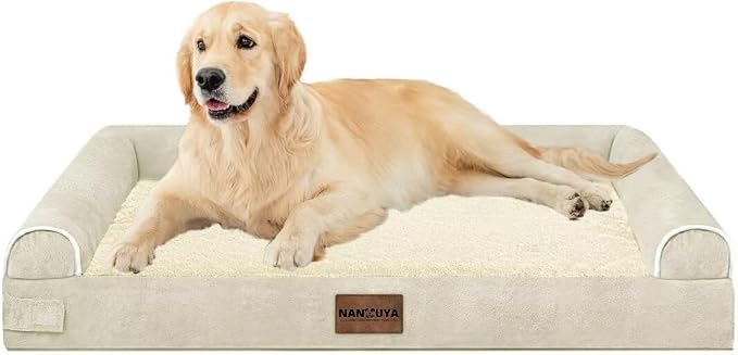 Orthopedic Dog Bed for Large Dogs, 36 x 27 Inch, Beige | Egg crate foam for joint support, 3-sided bolster pet sofa, waterproof lining, washable cover, and non-skid base