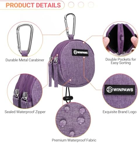 Dog Poop Bag Holder for Leashes- Dog Treat Pouch with Waterproof Zipper,Puppy Training Small Bag with Carabiner & Bungee Toggle,Two Pockets for Dry or Wet Treats-Pet Travel Walking Essentials (Purple)