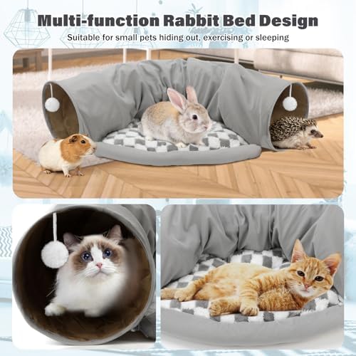 BWOGUE Bunny Tunnel Bed, 2-in-1 Rabbit Tunnel Hideout with Mat, Gray