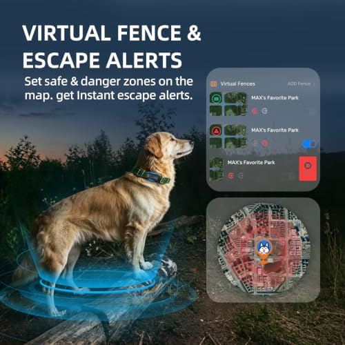 DBDD Dog GPS Tracker with 12 Month Subscription, Real-Time Location, Electronic Fence, Health Monitoring, Waterproof, for Medium Large Dogs, iOS Android