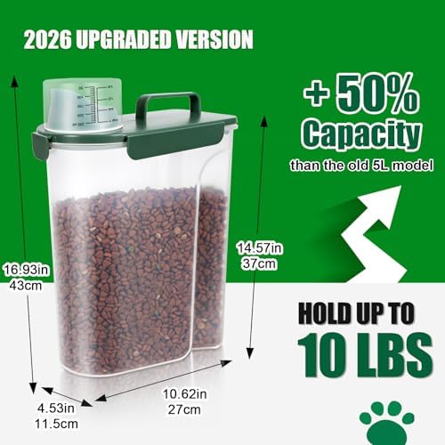 TBMax 10 Lbs Cat Dog Food Storage Container, 2026 Upgraded Large Pouring Container for Pet Food Storage, Bird Seed Dispenser, Portable Travel Kibble Holder -Dark Green