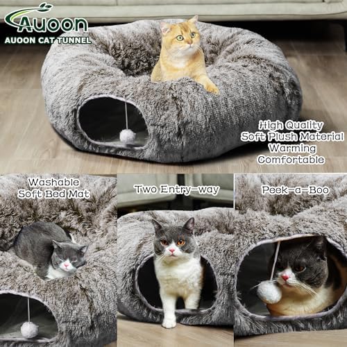 AUOON Plush Cat Tunnel Bed for Indoor Cats, 36" L x 36" W x 11.5" H, Brown