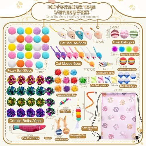 Leitee 100 Pcs Cat Toys Assortment with 1 Gift Storage Bag, Interactive Cat Play Set for Indoor Kitten, Colorful Springs, Mouse Toys, Chew Ropes, Balls, Bells & Sisal Ball