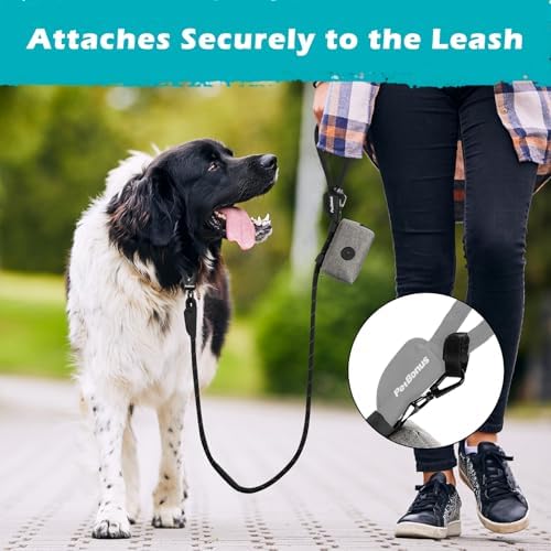 PetBonus Dog Poop Bag Holder, Portable Pet Waste Bag Dispenser, 2 Pouches for Treats and Walking Accessories, Fit All Leashes, Includes 1 Roll of Dog Poop Bags (Grey)