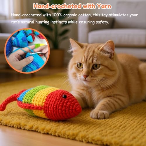 Catnip Fish Toy - Hand-Crocheted with Real Catnip & Bell, Interactive Kicker Toy for Cats Kitten, Soft & Safe for Biting
