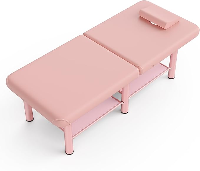 Folding Stationary Massage Table with Backrest and Storage Space for Treatment Table Physical Therapy Table Spa Facial Bed, 6 Round legs Metal Frame PU Leather, 30.5'' Wide × 75'' Long - Pink